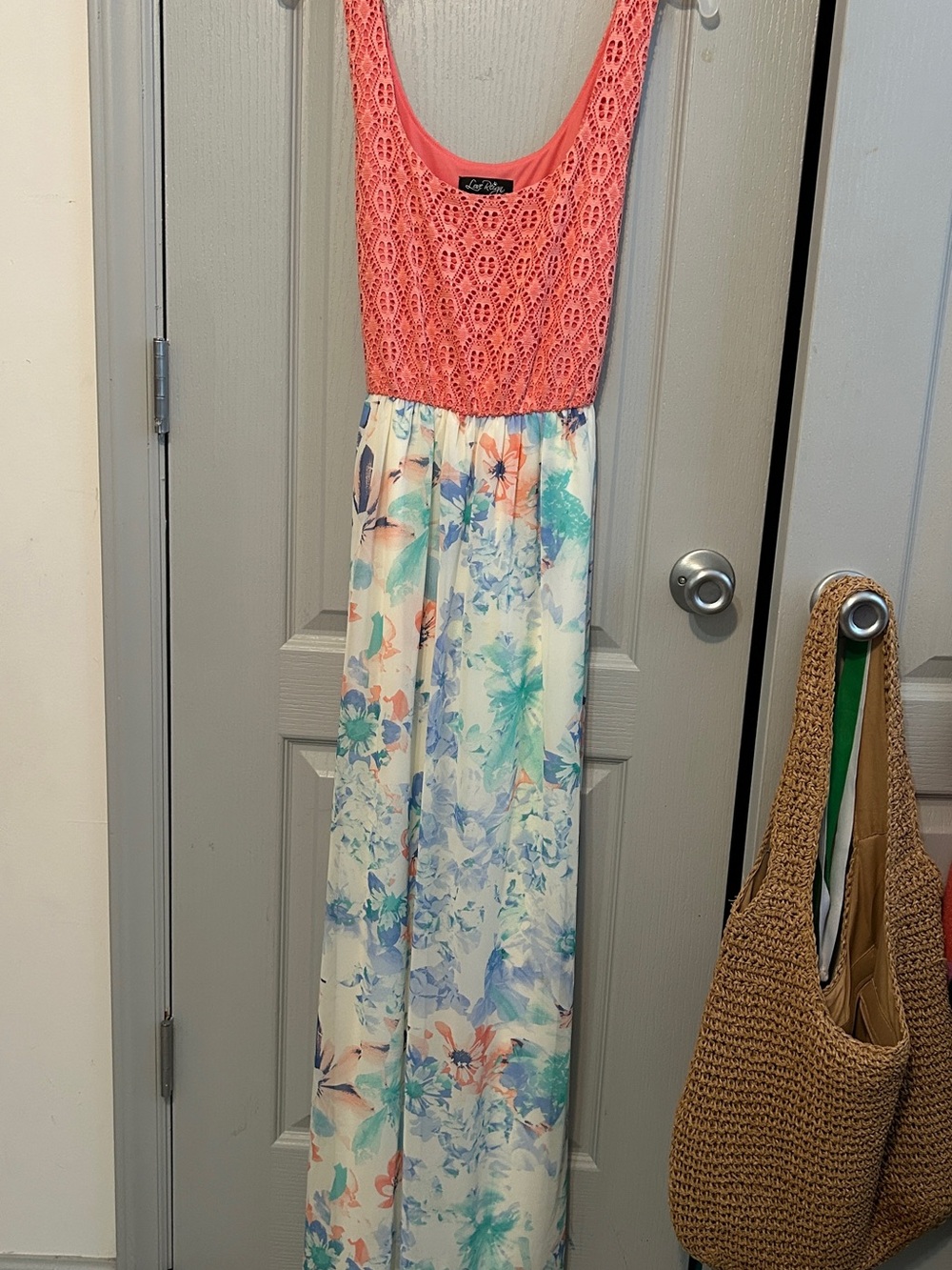 Love Reign Coral Crochet Bodice Floral Maxi Dress
